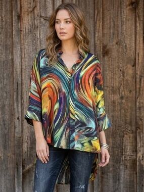 Dilemma Dhun Shroff 100% Silk Abstract Swirl Tunic Blouse Art To Wear One Size